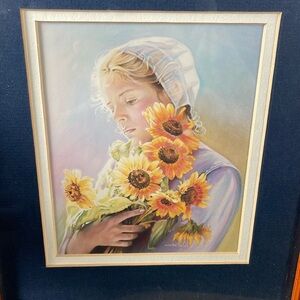N A NOEL NANCY NOEL PRINT AMISH girl WITH flowers mat wood FRAMED "sunflowers”